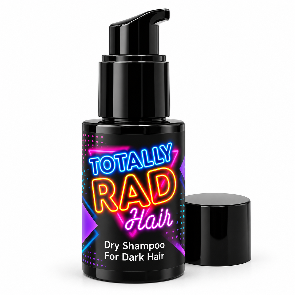 Totally Rad Hair Dry Shampoo for dark hair in a black pump bottle with a matching black cap placed beside it on a white background.