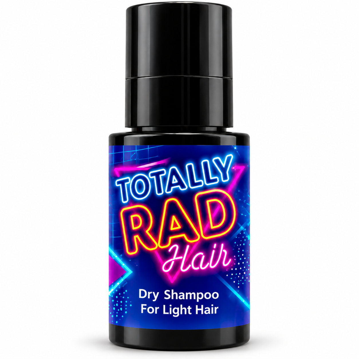 Totally Rad Hair Dry Shampoo bottle for light hair, featuring a black cap and a vibrant blue label with neon-style text and graphics.