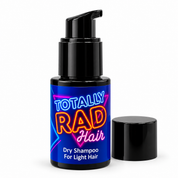 Totally Rad Hair Dry Shampoo for light hair in a black pump bottle with a colorful neon-style label, shown with its black cap beside it on a white background.