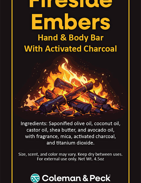 Fireside Embers soap ingredient card featuring vector bonfire.