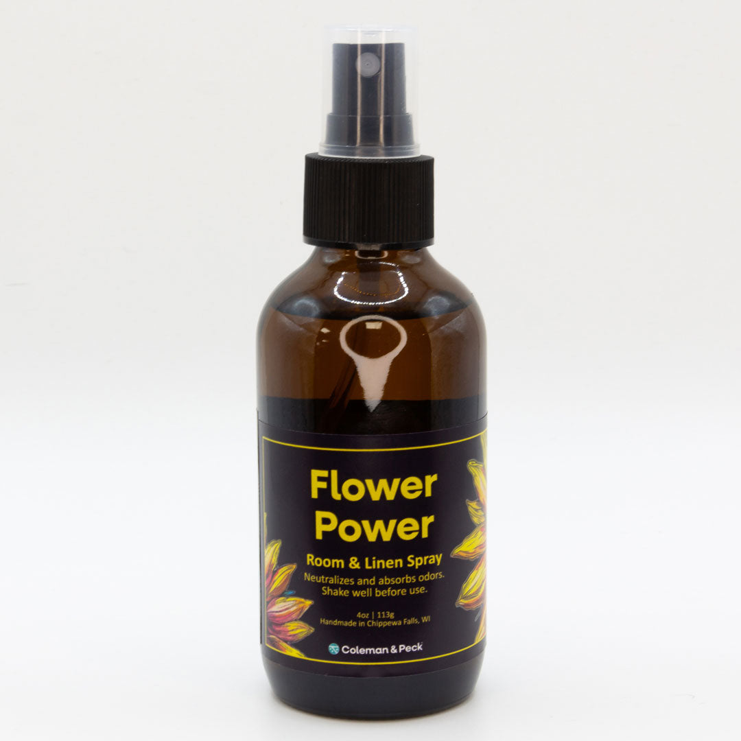 Front view of Flower Power room & linen spray bottle. A single bottle is shown.