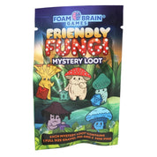Foam Brain Games Friendly Fungi Mystery Loot blind bag featuring five colorful cartoon mushroom characters in a whimsical forest setting. Each mystery pack contains one full-size enamel pin and two mini pins.