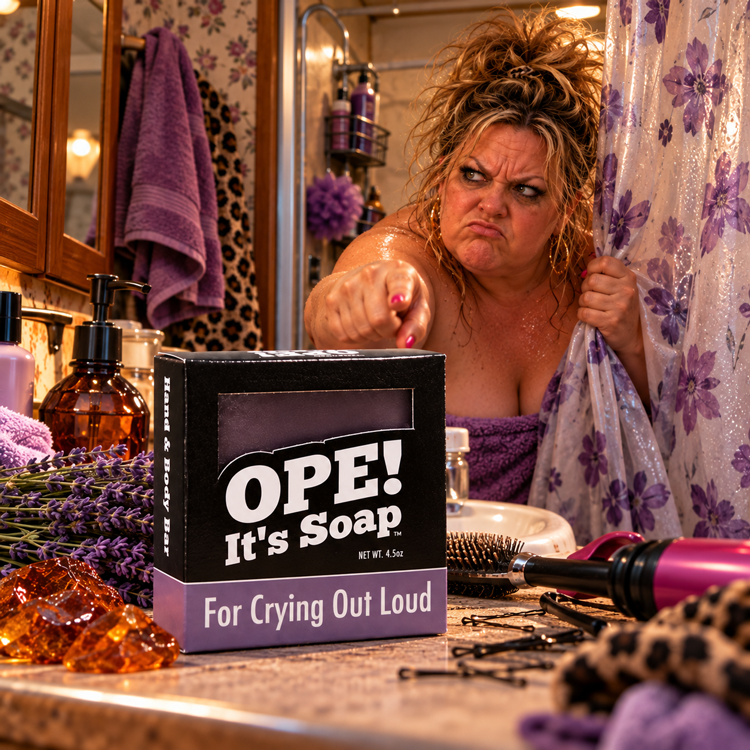 Ope! It’s Soap For Crying Out Loud soap box displayed on a cluttered bathroom counter as a disgruntled woman peeks from behind a floral shower curtain, pointing accusingly, with lavender and amber accents throughout the scene.