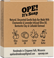 Back of the Ope! It’s Soap Gentle Body Bar box featuring a natural, unscented soap made with chamomile and lavender infused olive oil, bentonite clay, and colloidal oatmeal, with ingredient illustrations and “Handmade in Chippewa Falls, Wisconsin.”