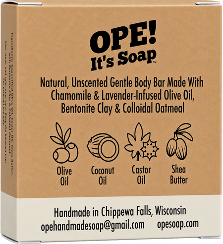 Back of the Ope! It’s Soap Gentle Body Bar box featuring a natural, unscented soap made with chamomile and lavender infused olive oil, bentonite clay, and colloidal oatmeal, with ingredient illustrations and “Handmade in Chippewa Falls, Wisconsin.”