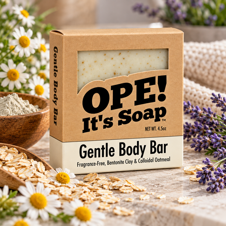 Ope! It’s Soap Gentle Body Bar displayed in a modern, natural spa scene with chamomile flowers, lavender, oatmeal, bentonite clay, and soft neutral textures.