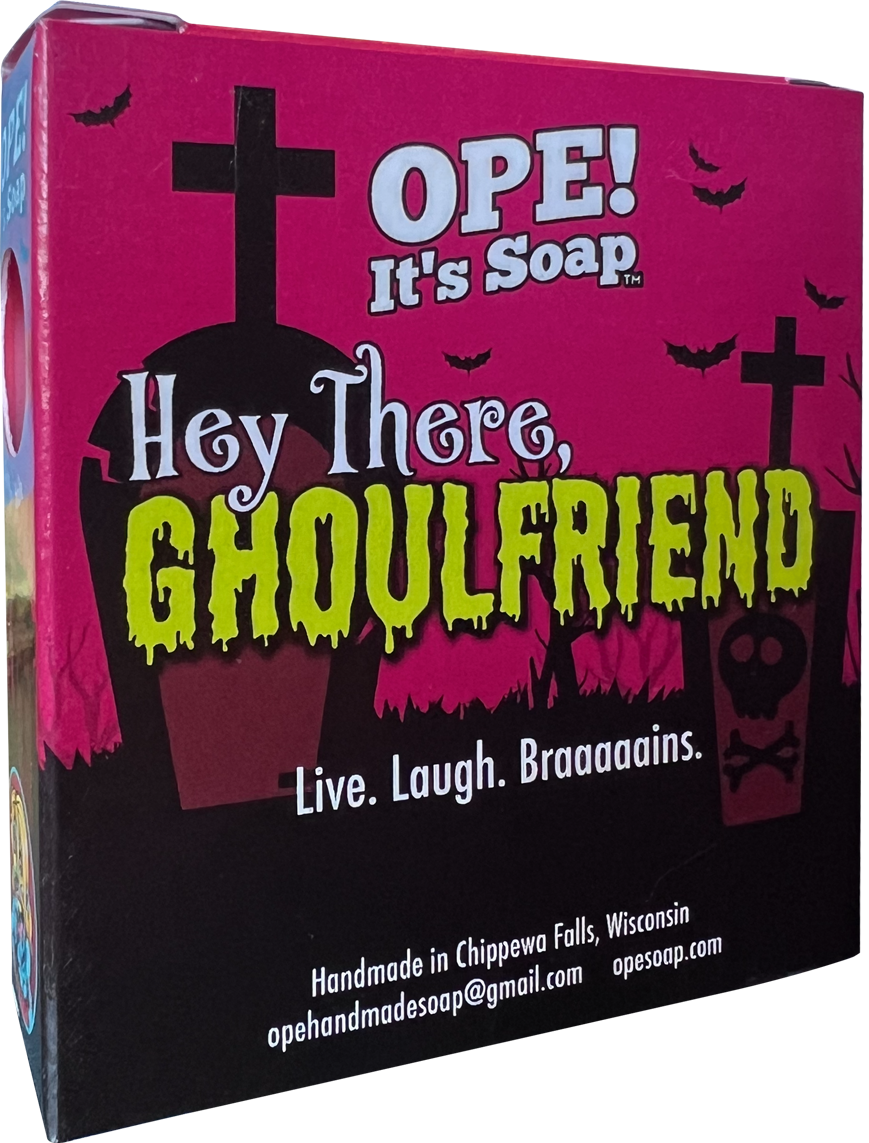 Back view of the Ghoulfriend soap box, showing a silhouette of a graveyard. The saying on the back says "Live. Laugh. Braaaaains."