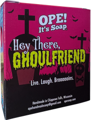 Back view of the Ghoulfriend soap box, showing a silhouette of a graveyard. The saying on the back says "Live. Laugh. Braaaaains."