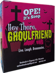 Back view of the Ghoulfriend soap box, showing a silhouette of a graveyard. The saying on the back says "Live. Laugh. Braaaaains."