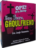 Back view of the Ghoulfriend soap box, showing a silhouette of a graveyard. The saying on the back says "Live. Laugh. Braaaaains."