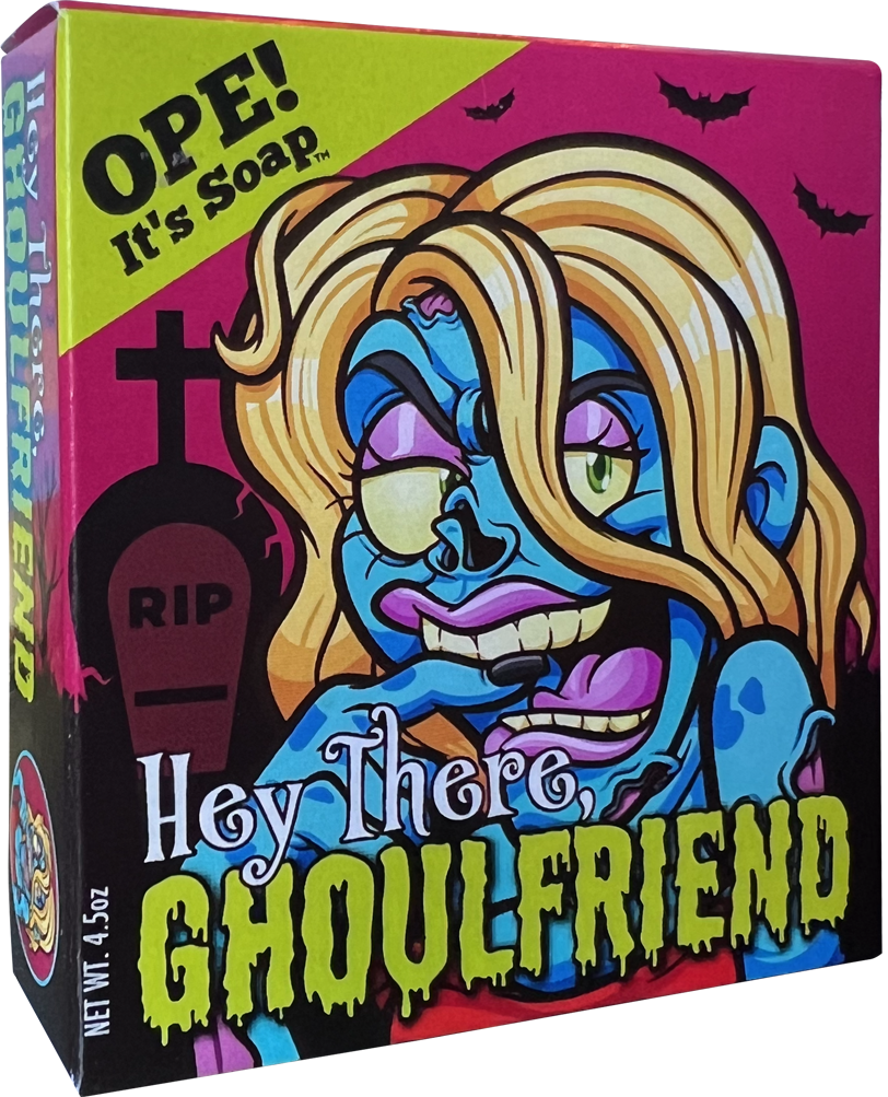 Front view of the Ghoulfriend soap box, showing a zombie woman, and it says "Hey there, ghoulfriend."