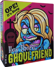 Front view of the Ghoulfriend soap box, showing a zombie woman, and it says "Hey there, ghoulfriend."