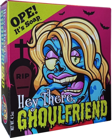 Front view of the Ghoulfriend soap box, showing a zombie woman, and it says "Hey there, ghoulfriend."