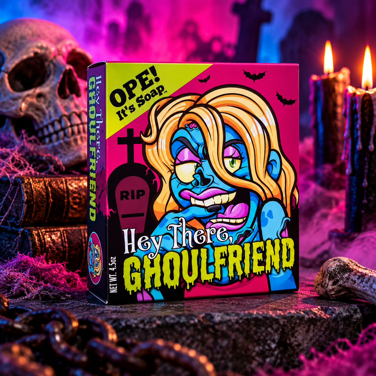 Ope! It’s Soap Hey There, Ghoulfriend soap box displayed in a colorful spooky graveyard scene with a skull, glowing candles, chains, tombstones, fog, and vibrant pink, purple, and blue lighting.