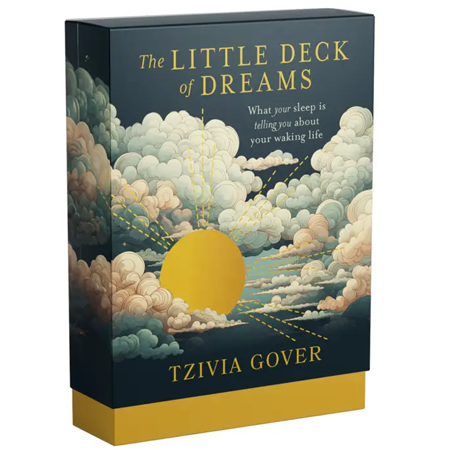 The Little Deck of Dreams card deck box by Tzivia Gover, featuring a dark navy cover illustrated with cream clouds and a large gold sun, with gold lettering and a gold base band.