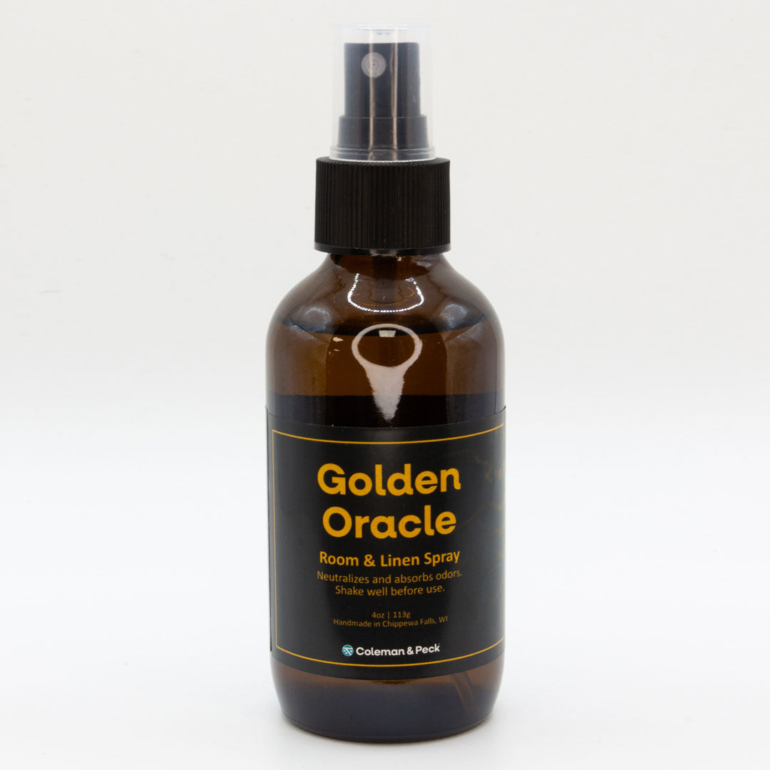 Front view of Golden Oracle room & linen spray bottle. A single bottle is shown.