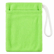 A bright lime green microfiber cleaning sponge with a white loop handle, shown against a plain white background.