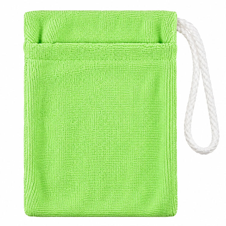 A bright lime green microfiber cleaning sponge with a white loop handle, shown against a plain white background.