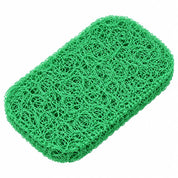 Single green rectangular soap saver pad with rounded corners and a thick, loosely woven, loofah-like texture, shown diagonally against a clean white background.