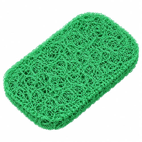 Single green rectangular soap saver pad with rounded corners and a thick, loosely woven, loofah-like texture, shown diagonally against a clean white background.