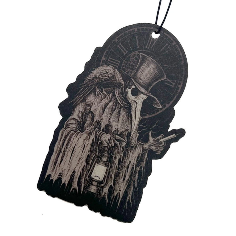 A black die-cut hanging tag or ornament featuring a dark gothic illustration of a bird-like figure in a top hat, a long beak, and a lantern, with a circular clock face in the background. The tag is photographed on a plain white background.