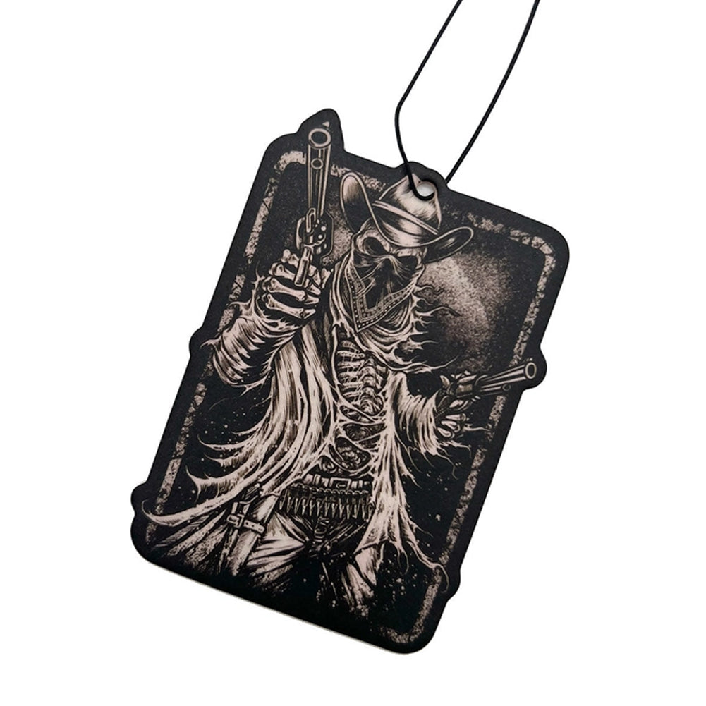 A black rectangular car air freshener tag with rounded corners, featuring a detailed western skeleton cowboy illustration in white and gray, complete with a black hanging string.
