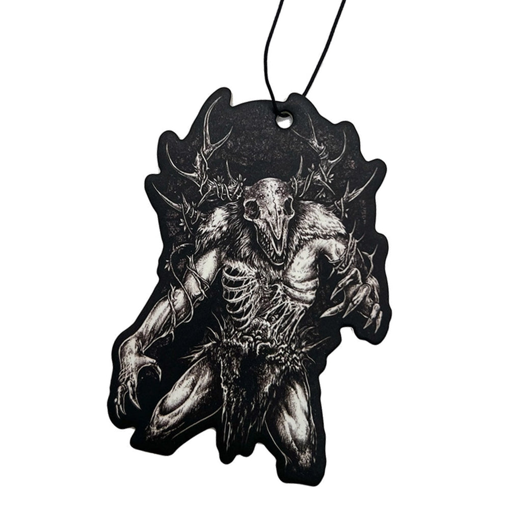 A black, horned, skeletal creature-shaped air freshener or car fragrance tag with a black hanging string, featuring a detailed black and white graphic illustration on a plain white background.
