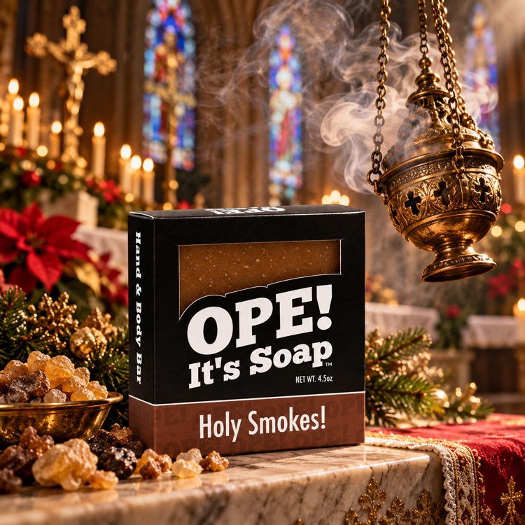 Ope! It’s Soap Holy Smokes soap box displayed on a church altar beside a smoking brass incense thurible, frankincense resin, evergreen branches, poinsettias, candles, and stained glass in a warm Christmas church setting.