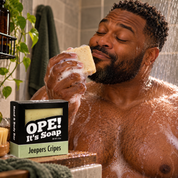 Ope! It’s Soap Jeepers Cripes soap box displayed in a shower scene with a smiling Black man enjoying the scent of a lathery, cream-colored speckled bar of soap under running water.