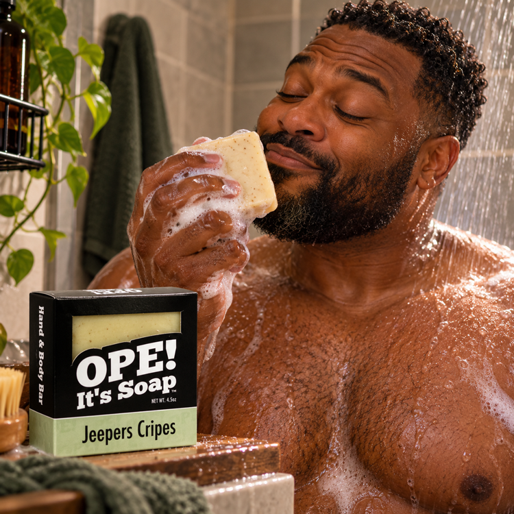 Ope! It’s Soap Jeepers Cripes soap box displayed in a shower scene with a smiling Black man enjoying the scent of a lathery, cream-colored speckled bar of soap under running water.