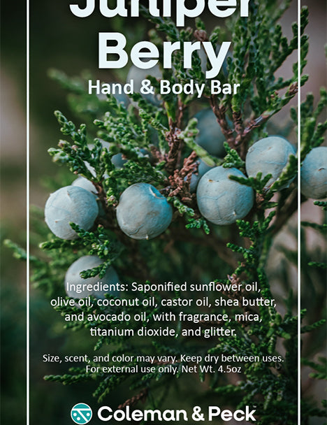 Juniper Berry soap ingredient card featuring a photo of juniper berries.