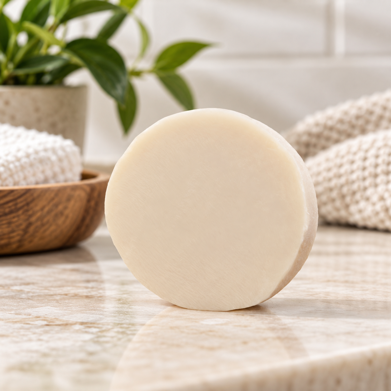 Cream colored round shampoo bar displayed on a light stone surface with soft towels, a wooden bowl, and green foliage in a clean, modern spa setting.