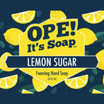 Lemon sugar soap label graphic showing slices of lemons on navy background