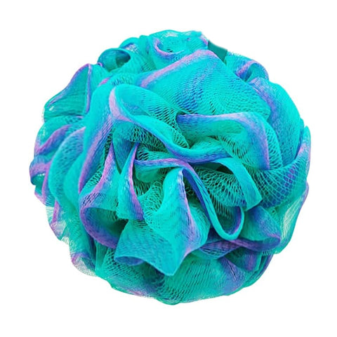 Blue, teal and pink loofah against white background