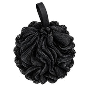 A black mesh loofah bath sponge with a hanging loop, shown against a plain white background.