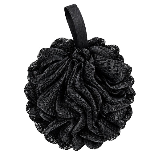A black mesh loofah bath sponge with a hanging loop, shown against a plain white background.