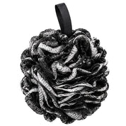 A black and white mesh loofah bath sponge with a black hanging loop, shown against a plain white background.