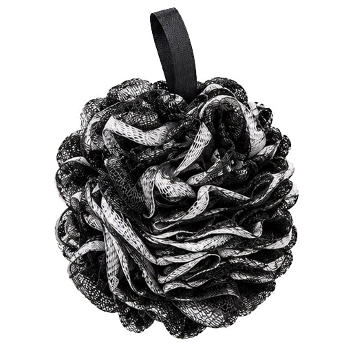A black and white mesh loofah bath sponge with a black hanging loop, shown against a plain white background.