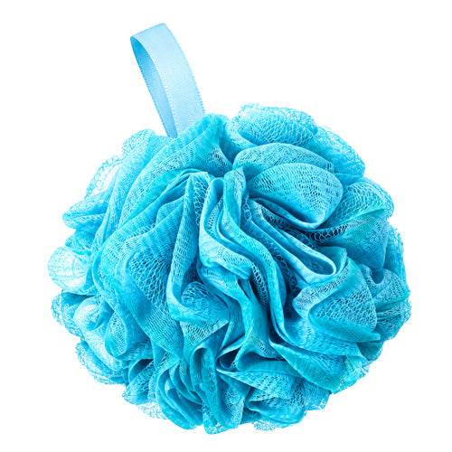 A light blue mesh loofah bath sponge with a matching blue ribbon loop at the top, shown on a solid white background.