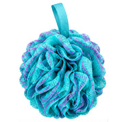 A turquoise and purple striped mesh loofah bath sponge with a matching turquoise hanging loop, shown on a solid white background.