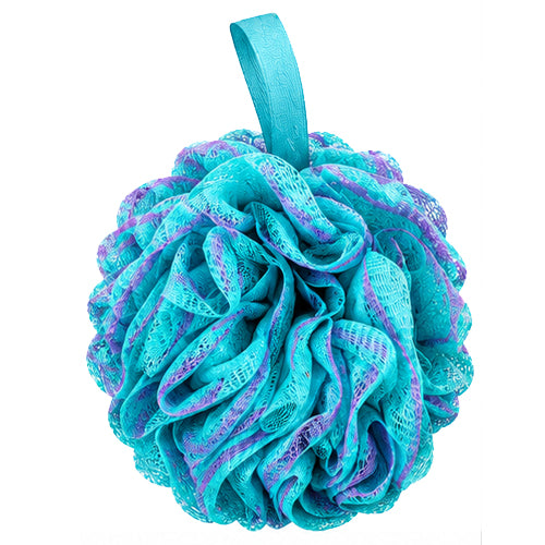 A turquoise and purple striped mesh loofah bath sponge with a matching turquoise hanging loop, shown on a solid white background.