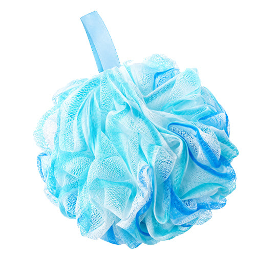A light blue mesh loofah bath sponge with a matching light blue hanging loop, shown on a solid white background.