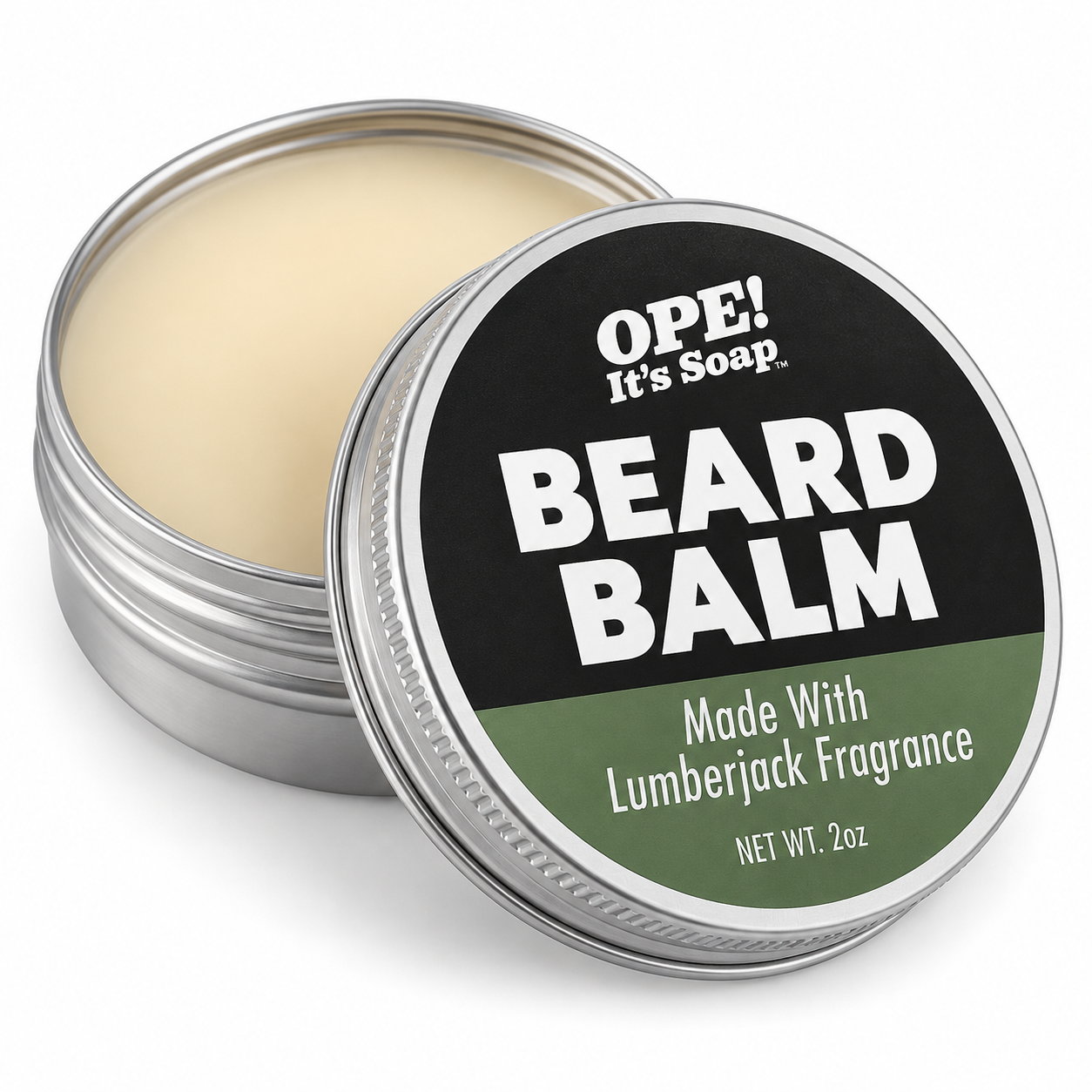 Open silver tin of Lumberjack Beard Balm with smooth cream colored balm and a tilted lid featuring a black and muted green Ope! It’s Soap label.