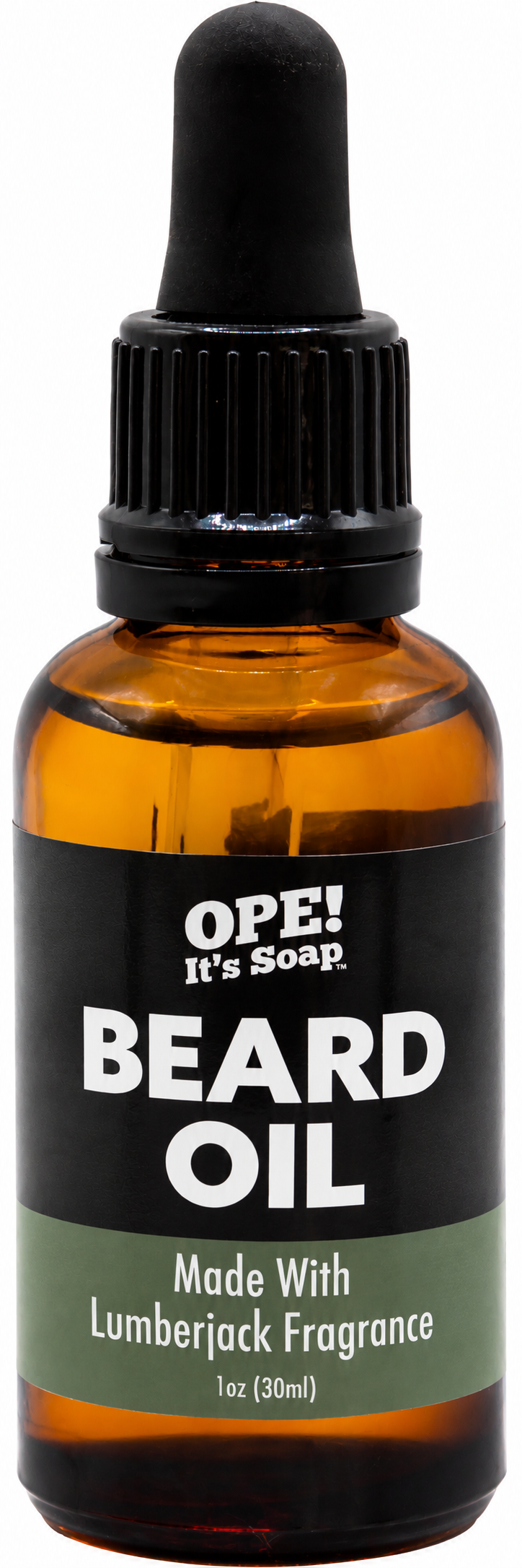 Amber glass Lumberjack Beard Oil bottle with black dropper and a black and muted green Ope! It’s Soap label.