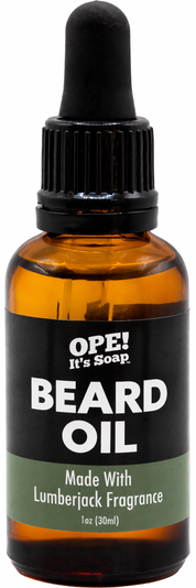 Amber glass Lumberjack Beard Oil bottle with black dropper and a black and muted green Ope! It’s Soap label.