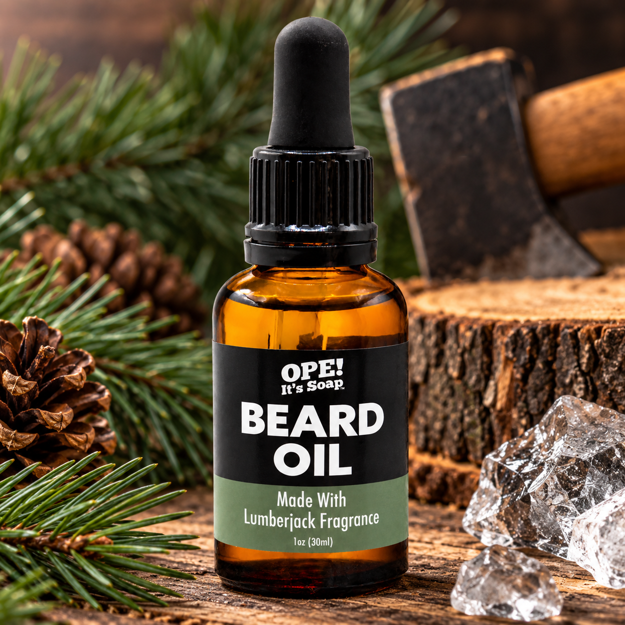 Lumberjack Beard Oil bottle surrounded by pine branches, pinecones, rustic wood, an axe, and ice accents in a rugged outdoor inspired setting.