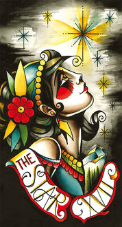 Colorful illustration of a stylized woman with decorative elements on a dark background