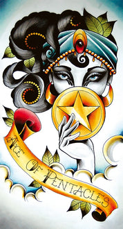 Artistic depiction of a tarot card symbol with a star and hand, surrounded by decorative elements.