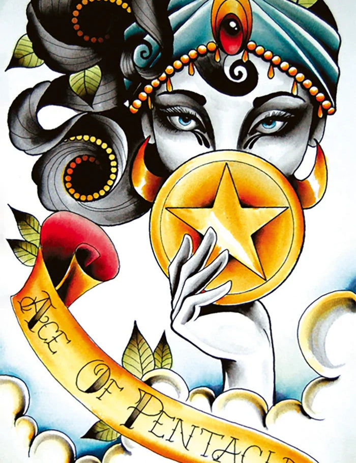 Artistic depiction of a tarot card symbol with a star and hand, surrounded by decorative elements.