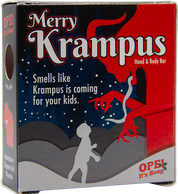 Back of the Ope! It’s Soap Merry Krampus soap box featuring a red Krampus reaching toward a child in a snowy forest, with the tagline “Smells like Krampus is coming for your kids.”